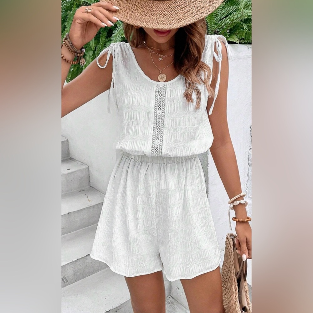 Cupshe White Lightweight Crochet-Detail Swim Coverup Romper